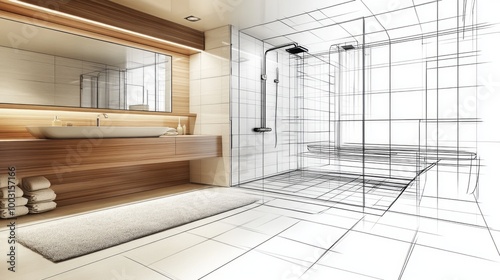 Modern spacious bathroom design transforming from realism to sketch with stylish elements in a clean contemporary setting