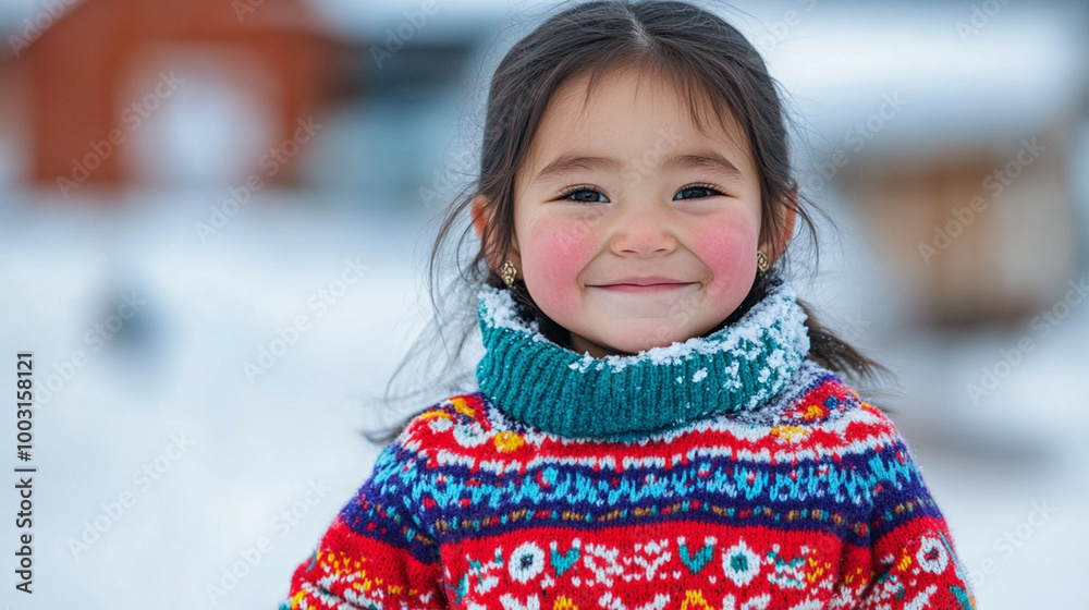 Xmas vibes - cute kid childinuit girl wearing christmas outfit smiling at the camera. Horizontal banner Xmas vibes - cute kid childinuit girl wearing christmas outfit smiling at the camera. Horizontal banner