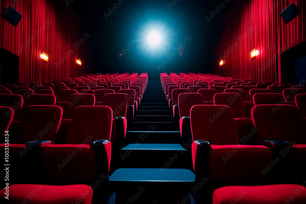Obraz premium Empty cinema with red seats and a bright spotlight from the projector