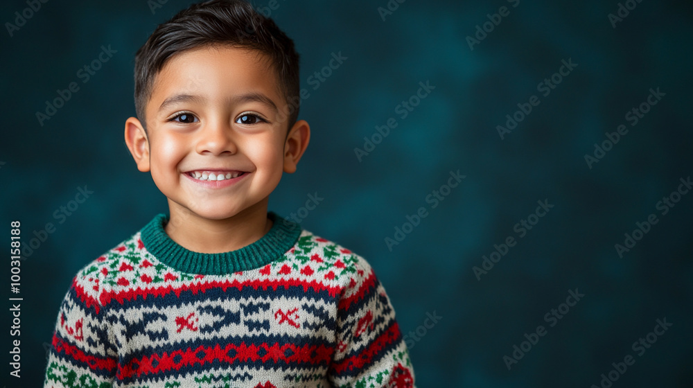 Xmas vibes - cute kid child wearing christmas outfit smiling at the camera. Horizontal banner 