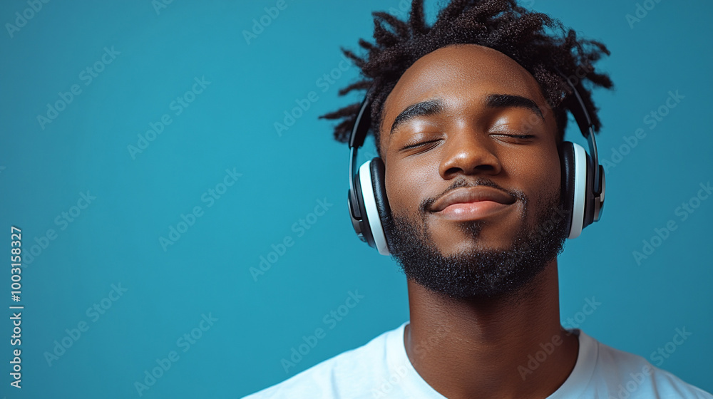 Obraz premium Close up of young black guy listening to music on headphones studio shot.