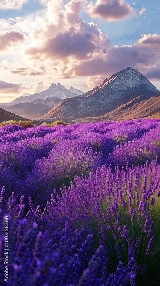 Clouds drift gracefully above a vibrant lavender field, framed by majestic mountains in the background, captured in stunning slow motion Clouds drift gracefully above a vibrant lavender field, framed by majestic mountains in the background, captured in stunning slow motion
