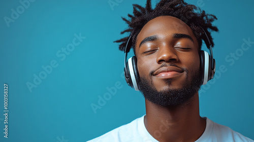 Close up of young black guy listening to music on headphones studio shot.