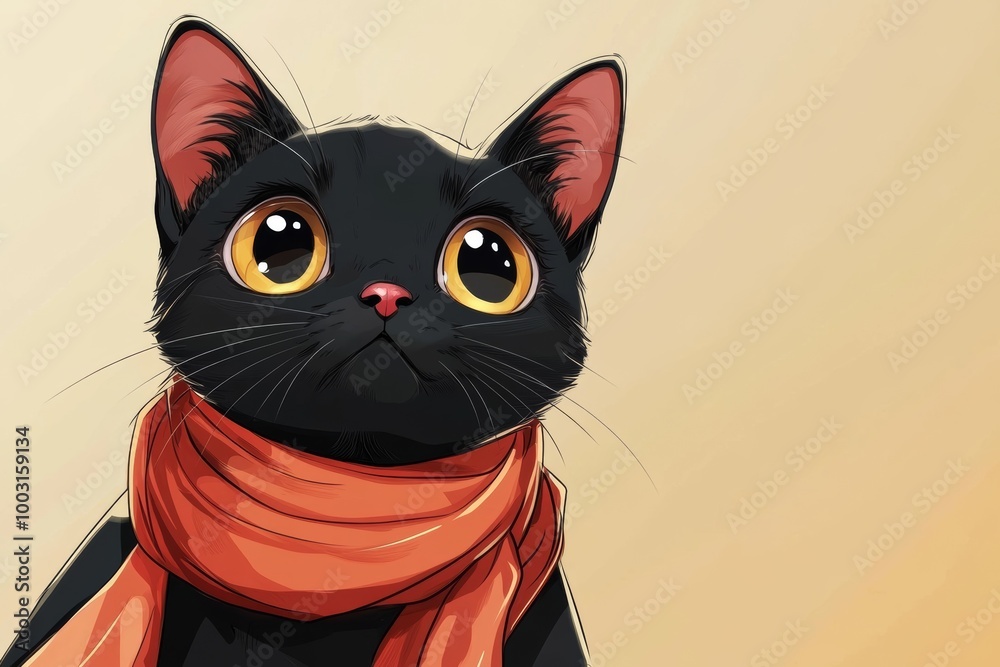 Portrait of a cute black cat in cold winter wearing warm knitted scarf. Illustration World Pets Day. Dedicated to all domesticated animals. Portrait of a cute black cat in cold winter wearing warm knitted scarf. Illustration World Pets Day. Dedicated to all domesticated animals.