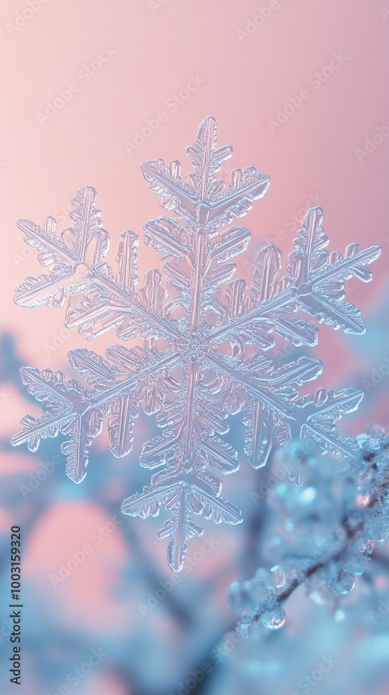 Macro Shot of a Delicate Snowflake on Frosty Pink and Blue Background Macro Shot of a Delicate Snowflake on Frosty Pink and Blue Background