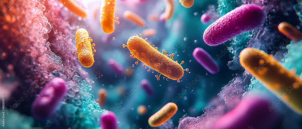 Fototapeta premium Microscopic view of colorful bacteria in vibrant environment, showcasing their unique shapes and structures