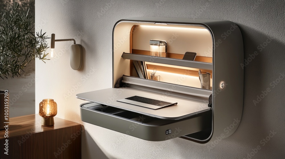 Compact modern office nook with fold-out desk and stylish decor in soft daylight Compact modern office nook with fold-out desk and stylish decor in soft daylight