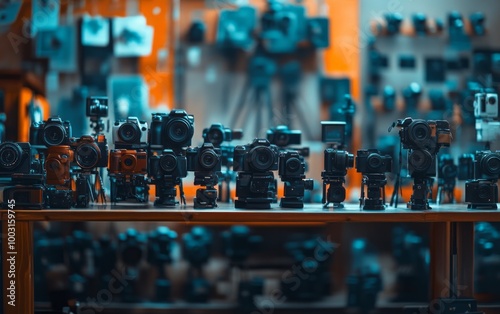 A Row of Professional Cameras on Display in a Camera Store photo