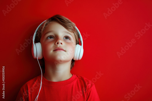 A curious boy enjoys music while wearing headphones against a vibrant red background photo