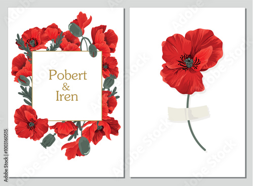 Set of postcards with poppies. Invitation to wedding, birthday and party with red flowers.