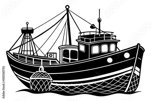 Boat with fishing nets. Fisherman boat marine ship sea ocean fisheries for fish production vector art illustration