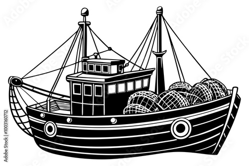 Boat with fishing nets. Fisherman boat marine ship sea ocean fisheries for fish production vector art illustration