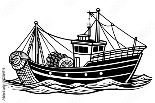 Boat with fishing nets. Fisherman boat marine ship sea ocean fisheries for fish production vector art illustration