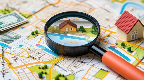 Visual representation of a magnifying glass focused on a map with a house icon and money, symbolizing the process of searching for properties in real estate.