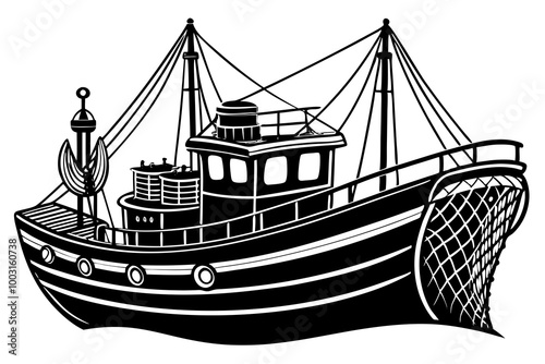 Boat with fishing nets. Fisherman boat marine ship sea ocean fisheries for fish production vector art illustration
