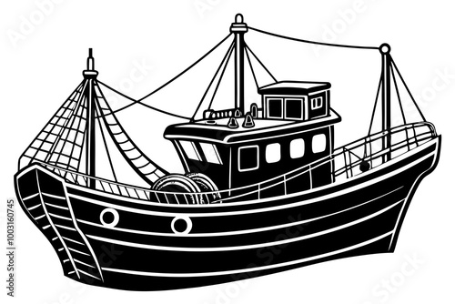 Boat with fishing nets. Fisherman boat marine ship sea ocean fisheries for fish production vector art illustration