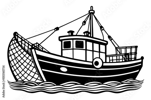 Boat with fishing nets. Fisherman boat marine ship sea ocean fisheries for fish production vector art illustration