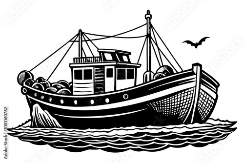 Boat with fishing nets. Fisherman boat marine ship sea ocean fisheries for fish production vector art illustration