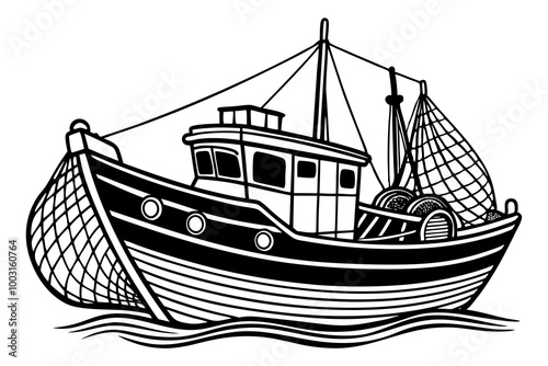 Boat with fishing nets. Fisherman boat marine ship sea ocean fisheries for fish production vector art illustration
