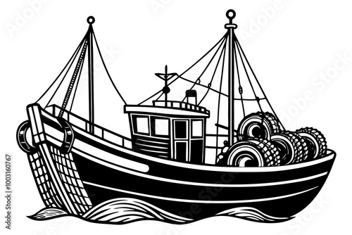 Boat with fishing nets. Fisherman boat marine ship sea ocean fisheries for fish production vector art illustration