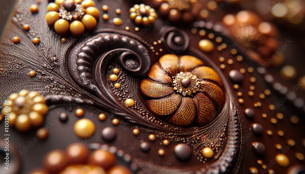 Fototapeta premium Delicate chocolate swirls and intricate patterns create rich, indulgent texture