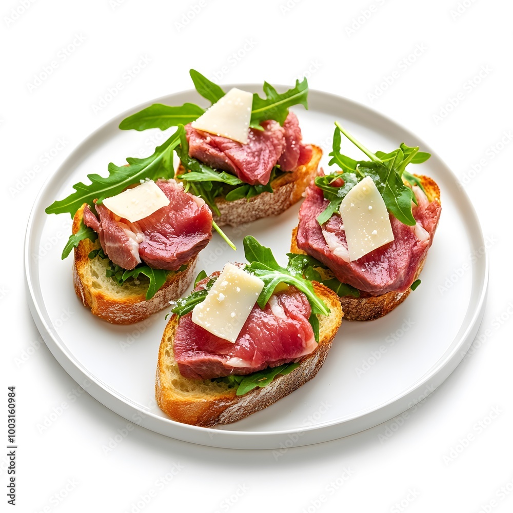 Gourmet bruschetta with prosciutto, arugula, and parmesan on white plate
