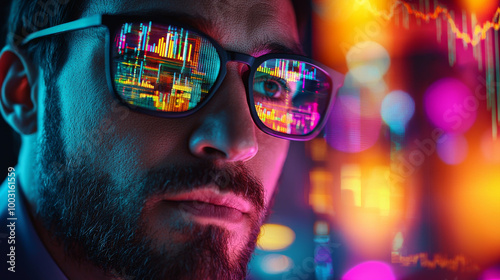 A businessman with glasses reflects colorful data visuals, showcasing investment insights