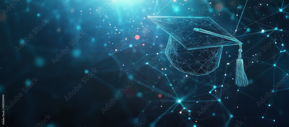 A digital graduation cap floating above an array of interconnected nodes, symbolizing the technology and global reach that power knowledge sharing in education Generative AI