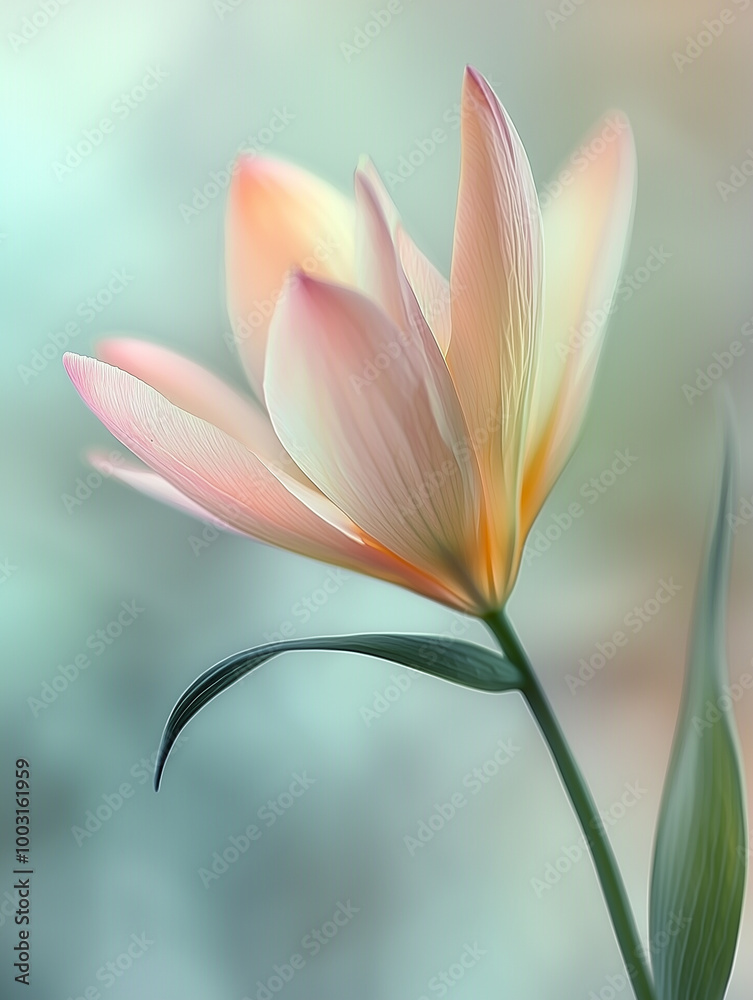 Fototapeta premium A close-up of a flower with soft pastel colors and a blurred background, highlighting the delicate textures and gentle curves of its petals and leaves, capturing the intricate beauty of nature