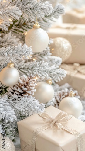 A beautifully decorated Christmas tree features white and beige ornaments with wrapped gifts underneath. Delicate paper balls in neutral tones enhance the warm, elegant atmosphere