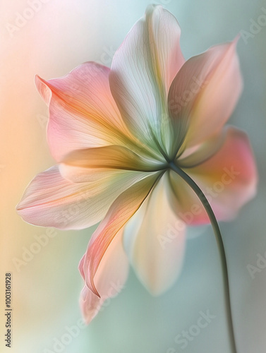 A close-up of a flower with soft pastel colors and a blurred background, highlighting the delicate textures and gentle curves of its petals and leaves, capturing the intricate beauty of nature