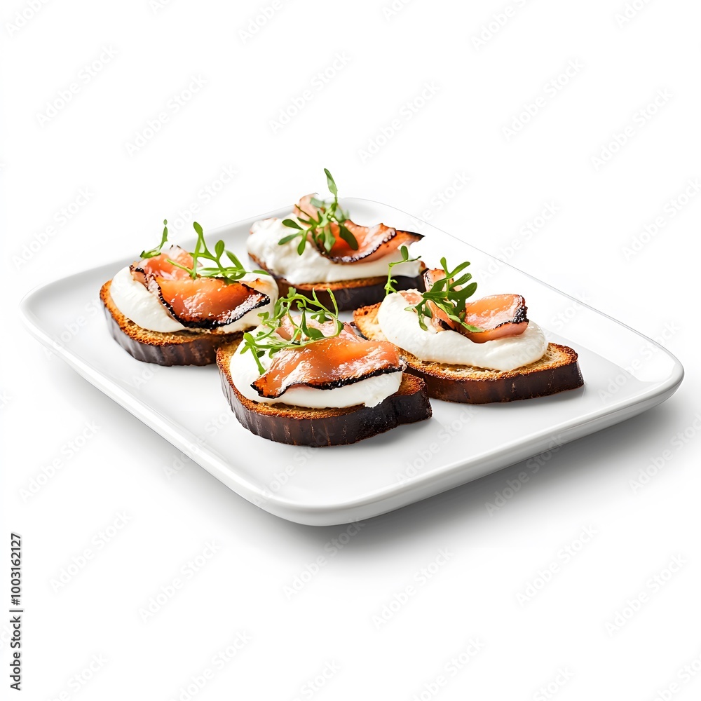 Gourmet smoked salmon crostini with cream cheese and microgreens Gourmet smoked salmon crostini with cream cheese and microgreens