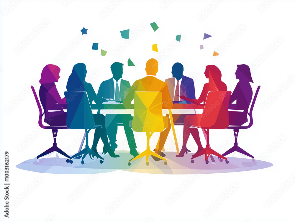 individuals seated around a table in a meeting or office setting, engaged in a discussion or collaboration with digital icons representing data, analytics, and communication floating above the table individuals seated around a table in a meeting or office setting, engaged in a discussion or collaboration with digital icons representing data, analytics, and communication floating above the table