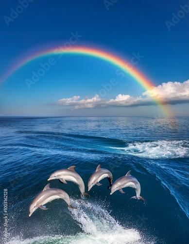 波を飛び越えて大きくジャンプするイルカの向こうに、海面の水しぶきが太陽の光で虹を待っている。空の青と海の青、そして虹のカラフルな色が一体となって美しい瞬間が広がっている photo