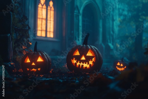 At night, a Jack-o'-Lantern lights up the foreground of a haunted house