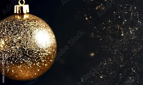 Glittering bronze gold Christmas tree ball spins slowly against a dark sparkles background, new year, open space, luxury holiday, product presentation