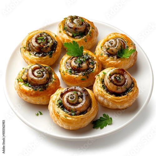 Gourmet escargot pastries with garlic and herb butter on a white plate photo