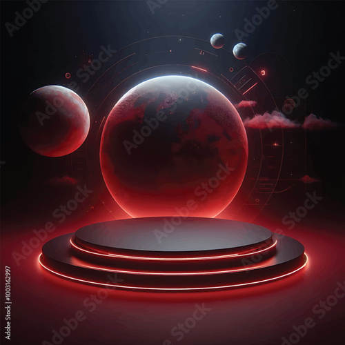 Red light round podium and black background for mock up 3D rendering