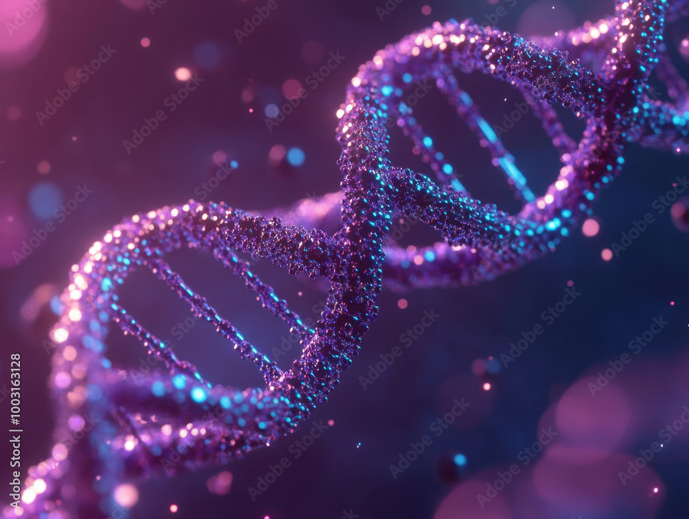 Radiant DNA helix glowing under cosmic lights in a vibrant and colorful abstract background Radiant DNA helix glowing under cosmic lights in a vibrant and colorful abstract background