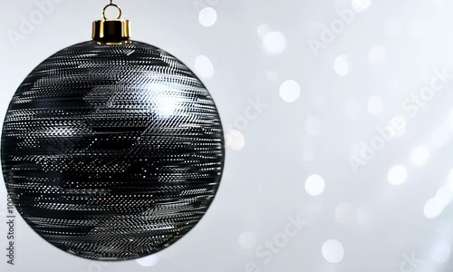 Large, black, sparkling Christmas ornament tree ball spins slowly on a white glitzert background, open space, reflective texture, elegant and festive fee, new year