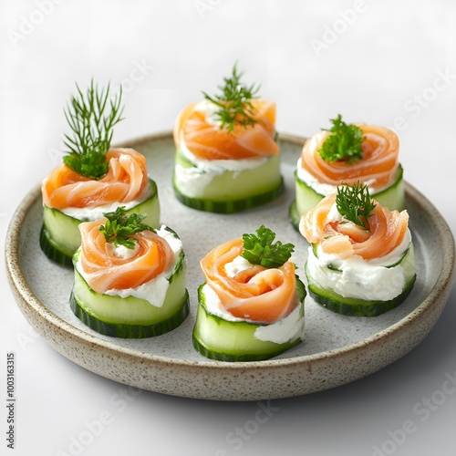 Fresh cucumber and smoked salmon bites with cream cheese garnish photo