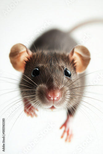 Close-up shot of an adorable brown rat with big eyes and whiskers, standing on its hind legs against a white background.