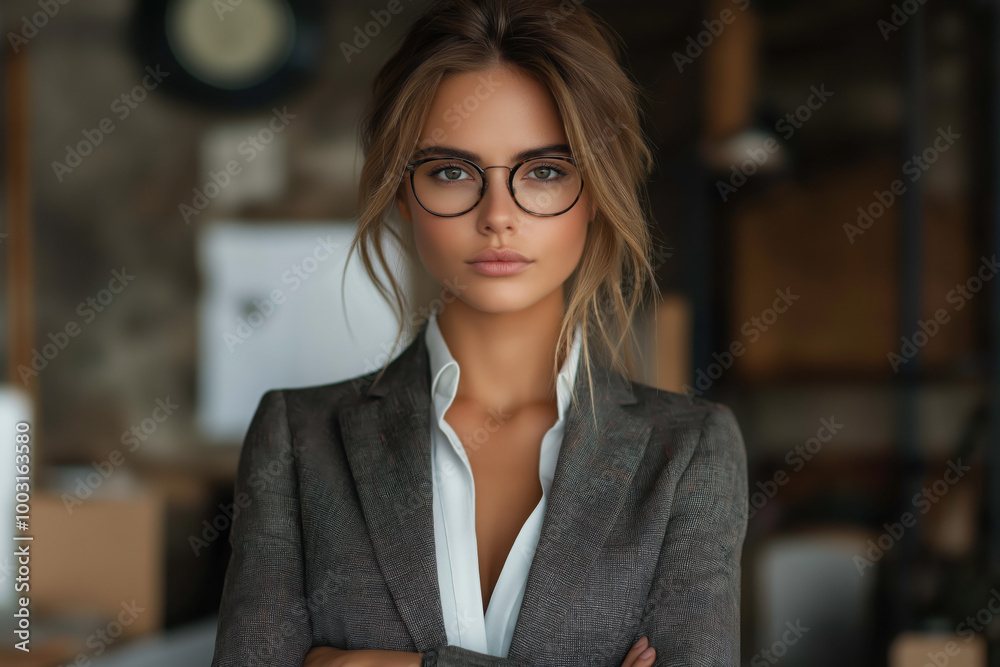 Fototapeta premium Confident Young Woman in a Modern Office: Serious Business Professional in a Suit with Glasses