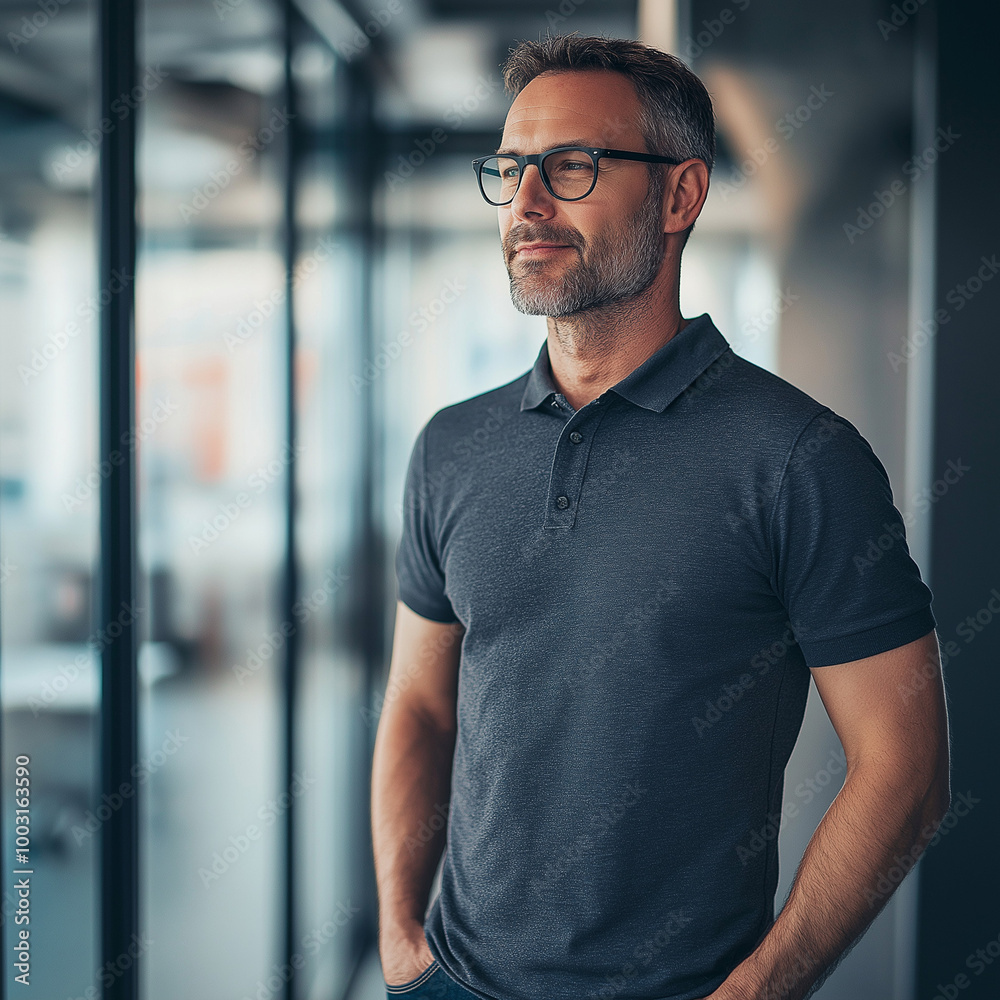 40 year old Man with dark grey poloshirt in the office 40 year old Man with dark grey poloshirt in the office
