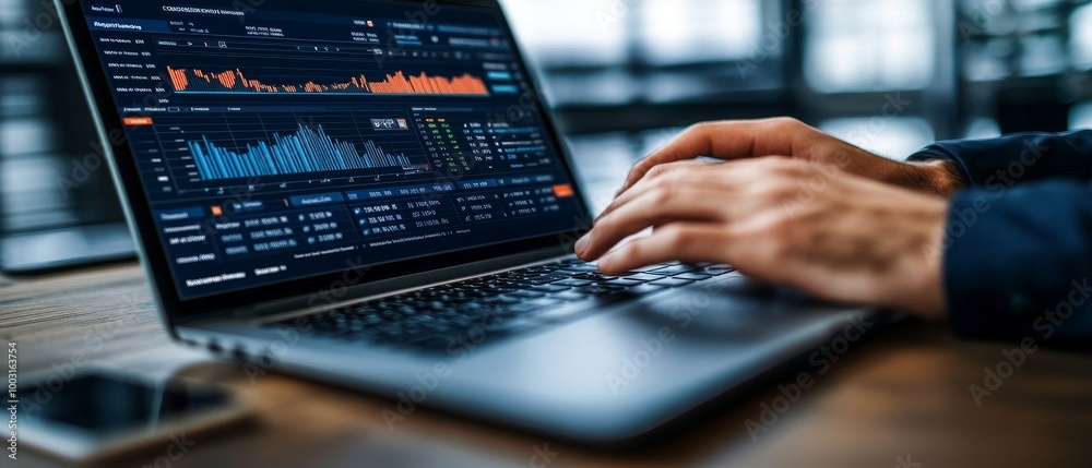 A close-up of payroll management software on a laptop with financial reports, leaving ample room for a headline at the top. Hyper realistic photo