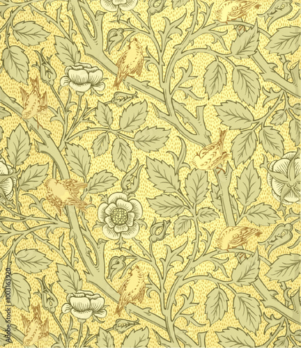  vintage, pattern of stylized birds and flowers on a yellow background.