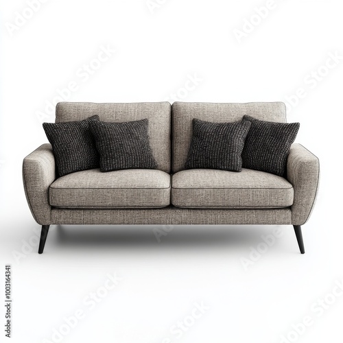 Cozy modern sofa with multiple cushions in neutral tones arranged for a styli...