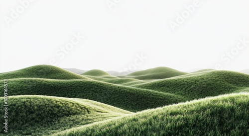 Rolling green hills under a bright sky create a serene landscape in early mor...