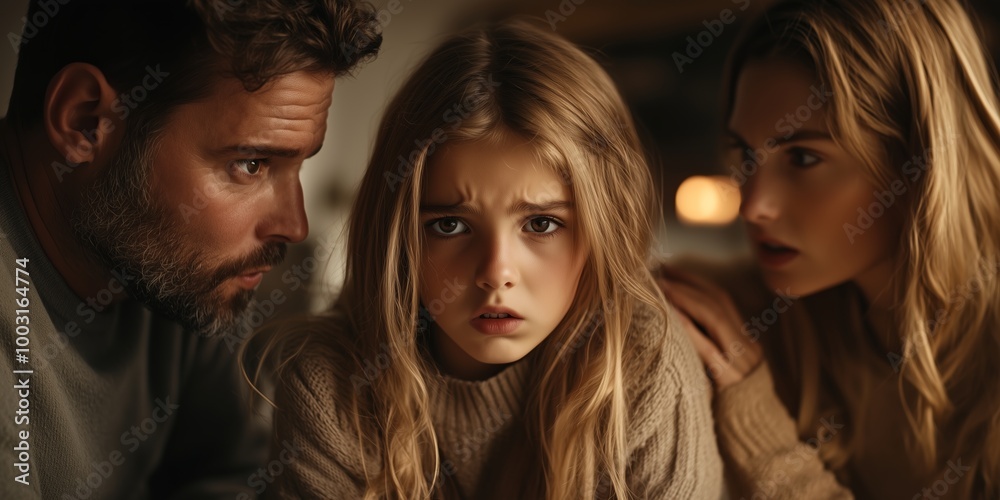 Fototapeta premium Concerned Parents Comforting Young Daughter Indoors in Emotional Moment
