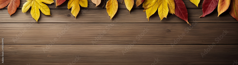 Wooden table with colorful autumn leaves on it creating a frame around the background copy space for advertising text. Top view Wooden table with colorful autumn leaves on it creating a frame around the background copy space for advertising text. Top view